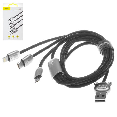 USB кабель Baseus Three Little Pigs, USB тип C, USB тип A, micro USB тип B, Lightning, 120 см, 3,5 А, чорний, в нейлоновому обплетенні, 3 в 1, #CAMLT PG01