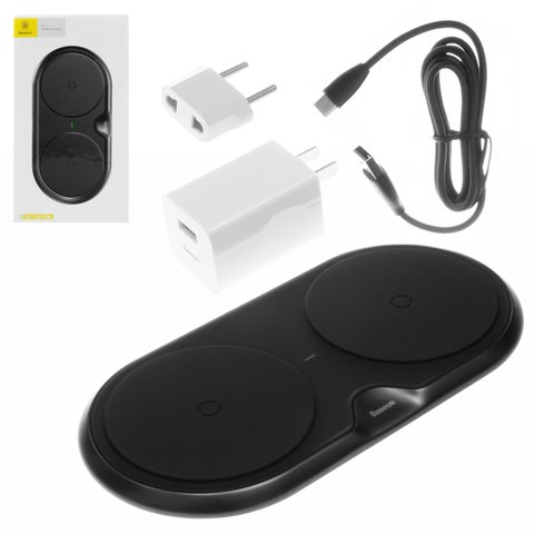 Беспроводное зарядное устройство Baseus Dual, Quick Charge, на два телефона, 220 В, выход 5В 7.5В 10В , USB тип C вход 5В 3А 9В 3А , черное, USB тип C, пластик, металл, #WXXHJ 01