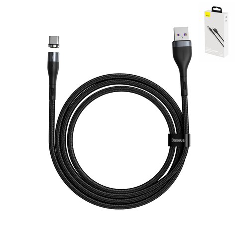 USB кабель Baseus Zinc Magnetic Safe, USB тип C, USB тип A, 100 см, 5 А, чорний, сірий, магнітний, з індикатором, в нейлоновому обплетенні, #CATXC NG1