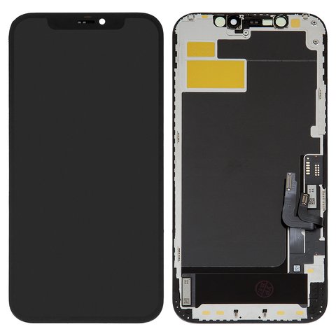 Дисплей для iPhone 12, iPhone 12 Pro, чорний, з рамкою, High Copy, з пластиками камери та давача наближення, OLED , XY OEM soft