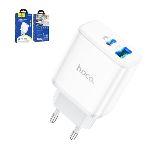 Сетевое зарядное устройство Hoco C105A, 20 Вт, Power Delivery PD , белый, 2 порта, #6931474782946
