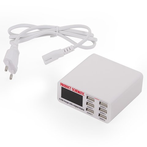 Мережевий зарядний пристрій WLX 899, мережевий, 6 USB портів з виходом 5 В 6 А, білий