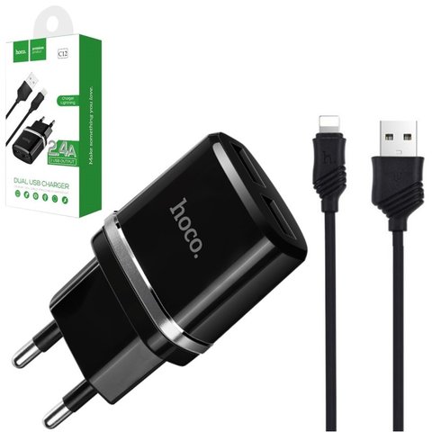 Сетевое зарядное устройство Hoco C12, 12 Вт, черный, с кабелем Lightning для Apple, 2 порта, #6957531064107